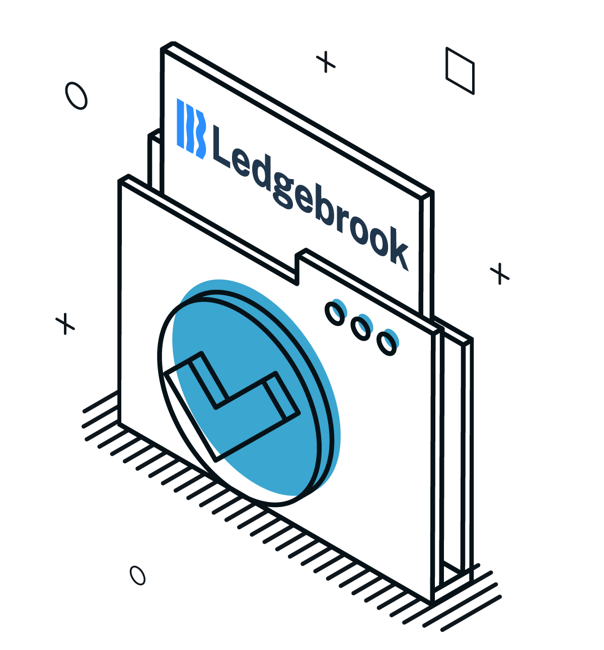 Isometric illustration of a folder with a blue checkmark and the text Ledgebrook on a white tab.