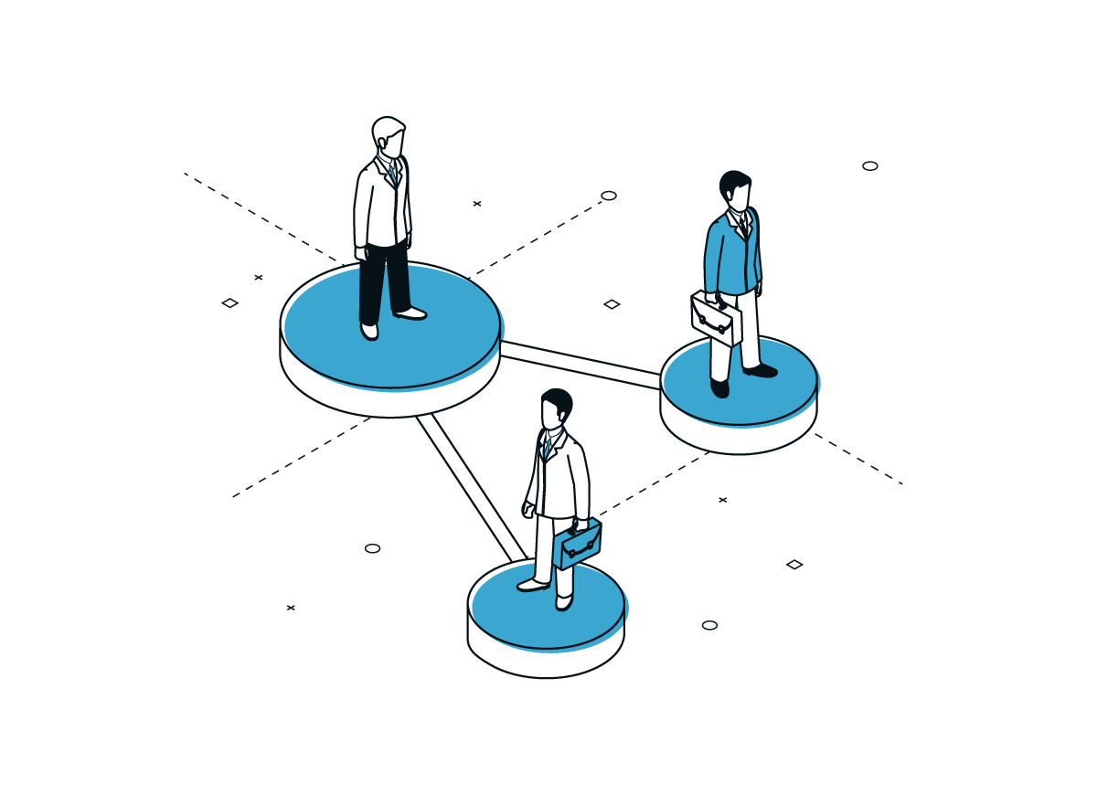 Three businesspeople standing on connected blue circular platforms symbolizing networking or collaboration.