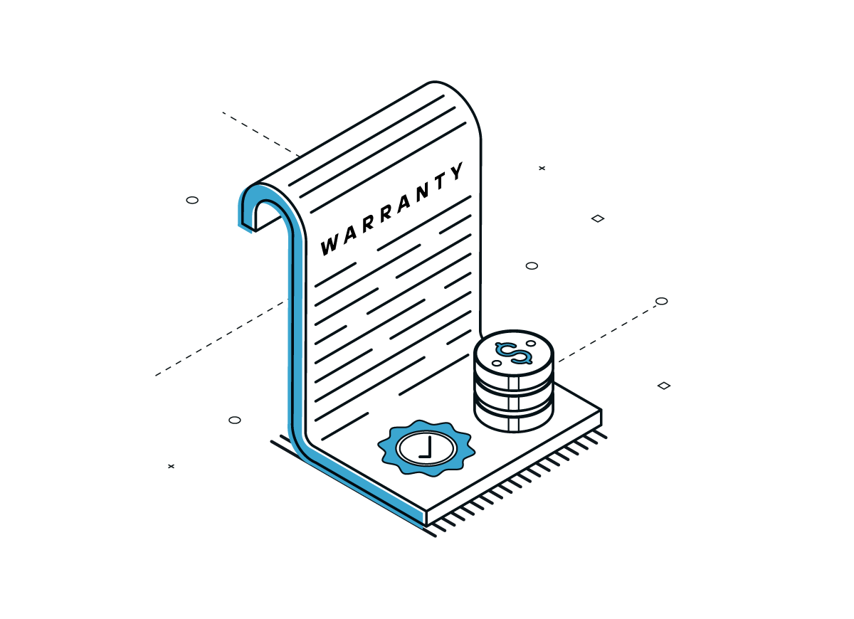 Isometric illustration of a warranty document with a seal and stack of coins beside it.