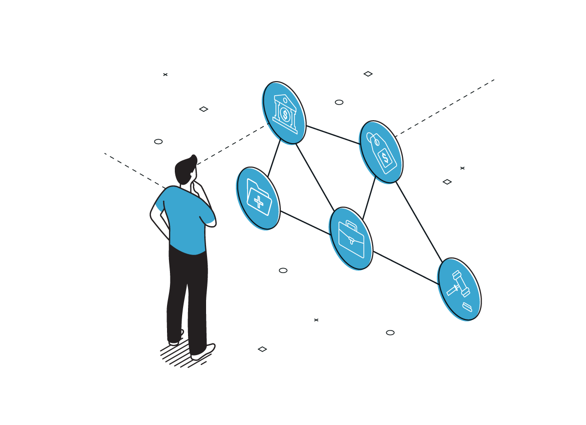 Person contemplating interconnected icons representing finance, medical, briefcase, price tag, and law.
