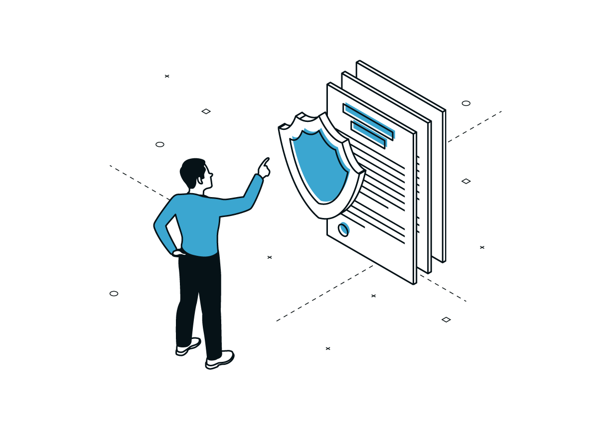 Person pointing at stacked documents protected by a shield symbolizing security or validation.