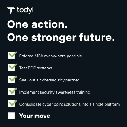 Enforce MFA everywhere possible, Test BDR Systems, Seek out a Cybersecurity Partner, Implement security awareness training, Consolidate cyber point solutions into a single platform. Your Move.