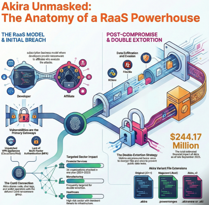 an infographic describing the anatomy of Akira's RaaS operation