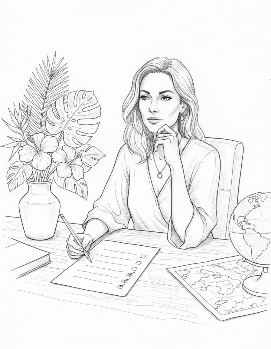 A stylish woman in her 40s thoughtfully checks off a wedding planning list on paper at a desk with tropical flowers and map nearby, in a relaxed home office setting. Hand-drawn sketch style with graphite linework, light shading, on clean white paper background.