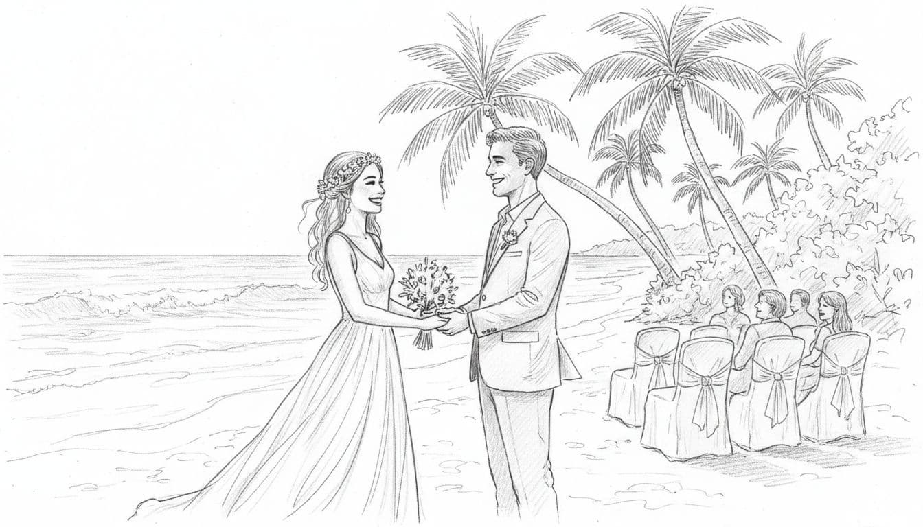 Hand-drawn graphite sketch of joyful bride and groom exchanging vows on a sunny tropical beach resort, surrounded by palm trees, ocean waves, and seated guests.