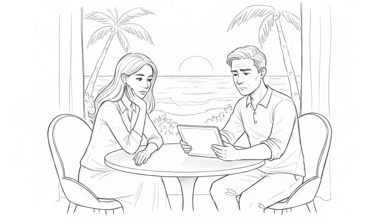 Hand-drawn sketch of a couple at a resort table thoughtfully reviewing wedding package options on a tablet, with beach view outside window and simple decor.