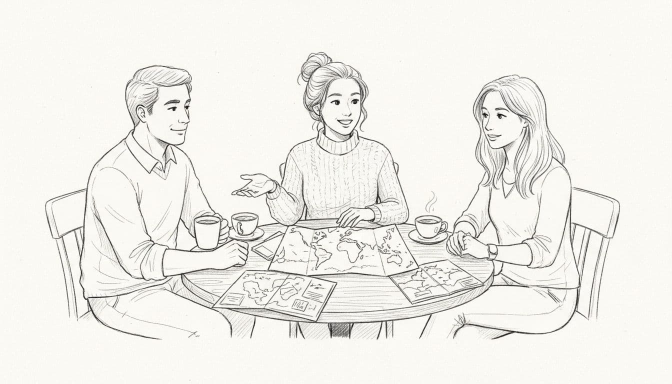 Hand-drawn graphite sketch of a travel advisor discussing plans with a couple at a cozy table over coffee, with maps and brochures scattered, warm lighting, and clean white background.