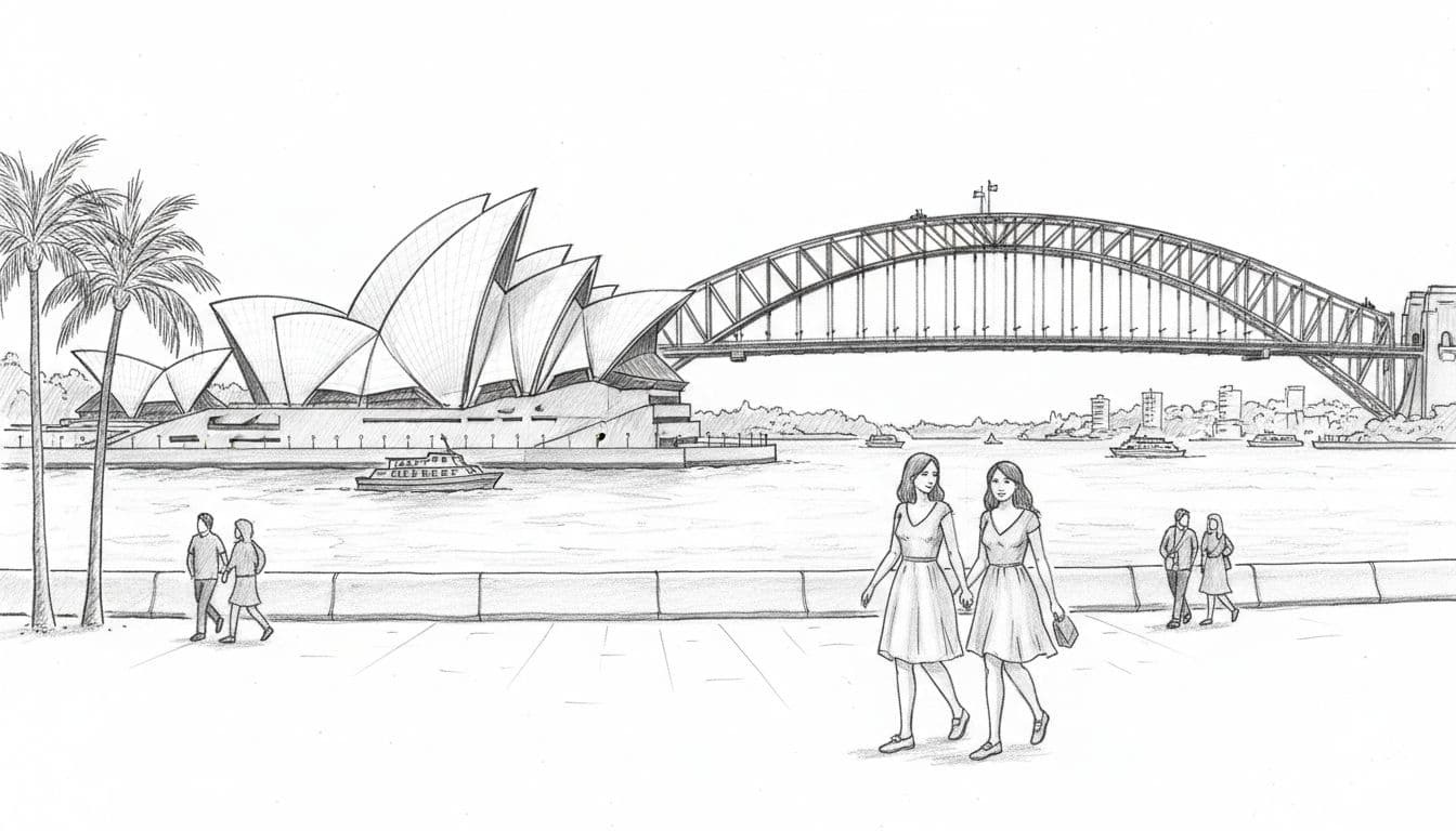 Hand-drawn graphite sketch of Sydney Opera House's sail-shaped roofs and Harbour Bridge from Circular Quay waterfront path, over calm harbor water with palm trees, ferries, and few relaxed walkers including two women.