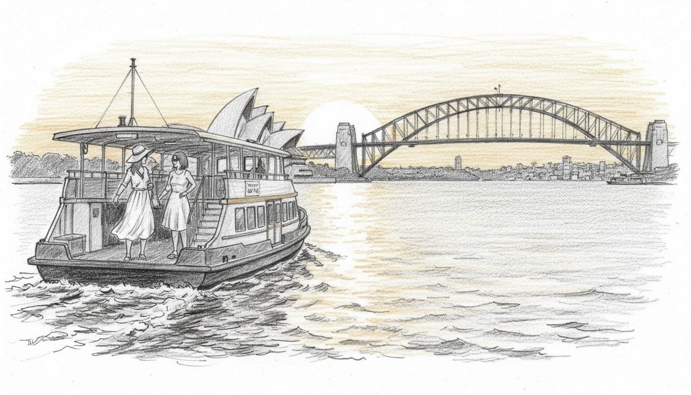 Hand-drawn graphite sketch of a ferry gliding across calm Sydney Harbour waters toward sunset, featuring Opera House sails and Harbour Bridge silhouette in golden light, with two women chatting on deck.
