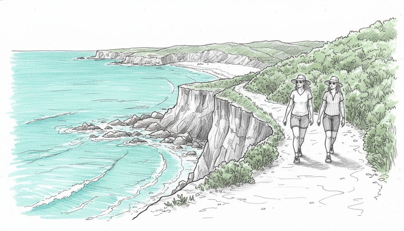 Hand-drawn graphite sketch of Bondi to Coogee coastal path with turquoise waves crashing on rocks, green cliffs, small coves, and two relaxed women walking.