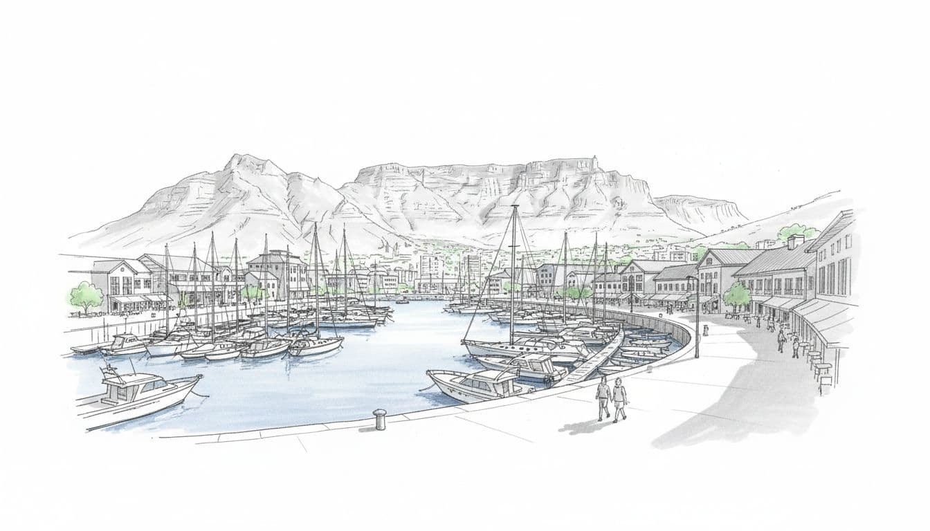Hand-drawn graphite sketch of vibrant V&A Waterfront harbor in Cape Town, South Africa, featuring docked yachts, bustling promenade with shops, and Table Mountain backdrop under clear sky.