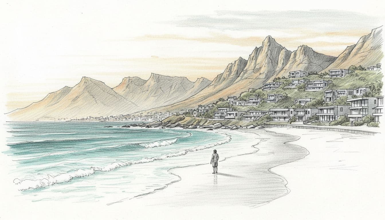 Hand-drawn graphite sketch of Camps Bay beachfront in Cape Town, South Africa, with luxury villas on green hillsides, turquoise Atlantic waves, and Twelve Apostles mountains under warm sunset lighting.