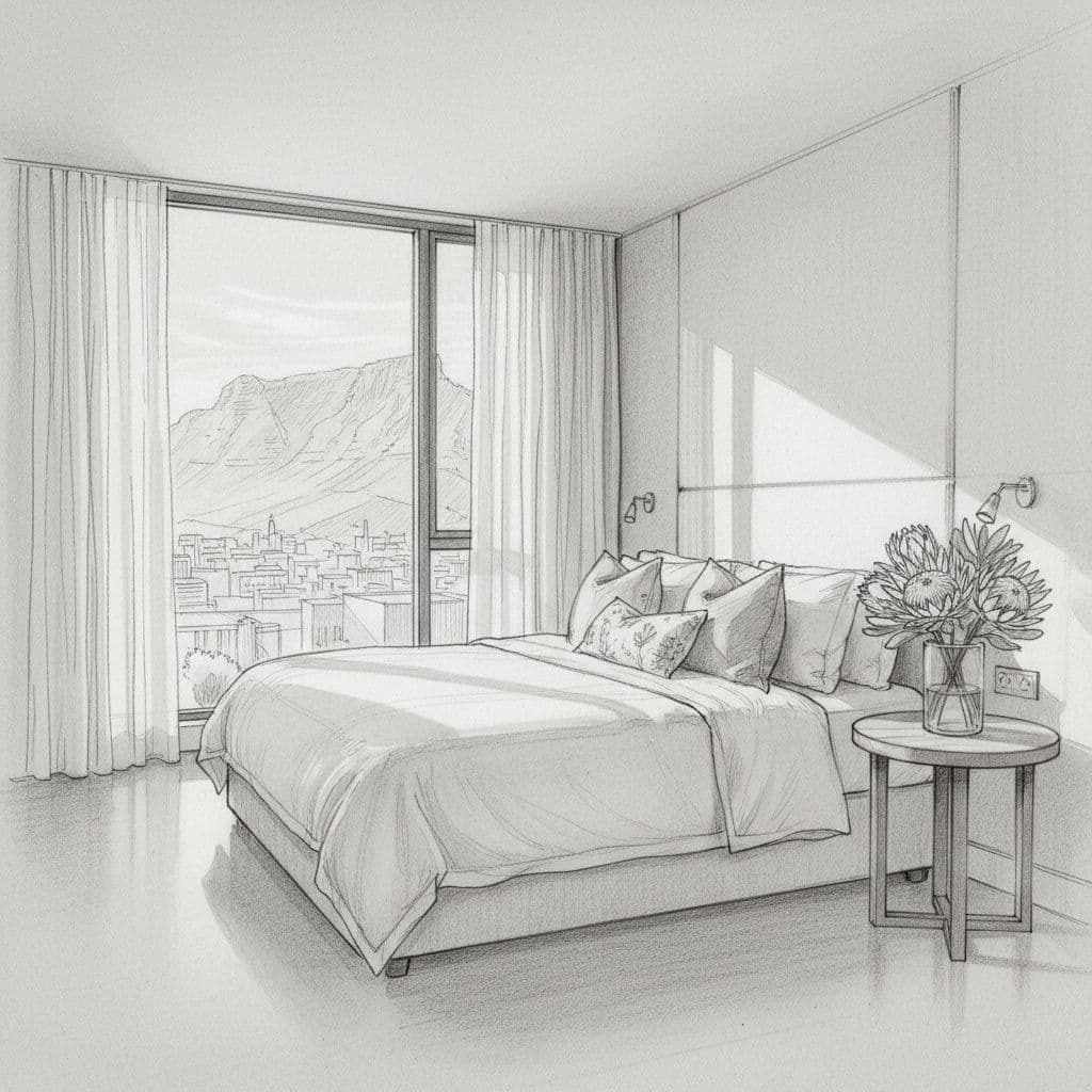 Hand-drawn graphite sketch of an elegant boutique hotel bedroom interior in Cape Town City Bowl, with floor-to-ceiling window framing Table Mountain, king-sized bed with white linens, protea flowers, and soft morning light for serene atmosphere.