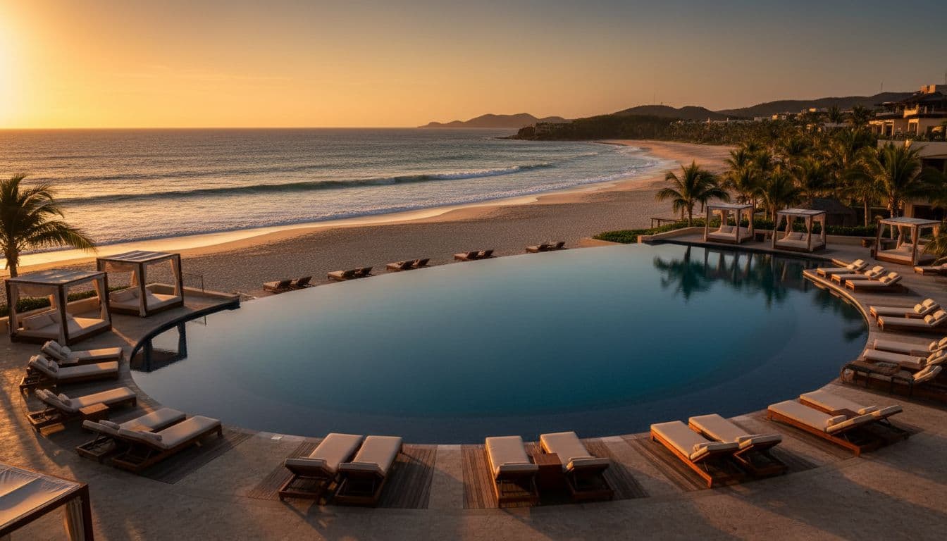 An elegant resort pool overlooks a serene beach under warm golden hour light.