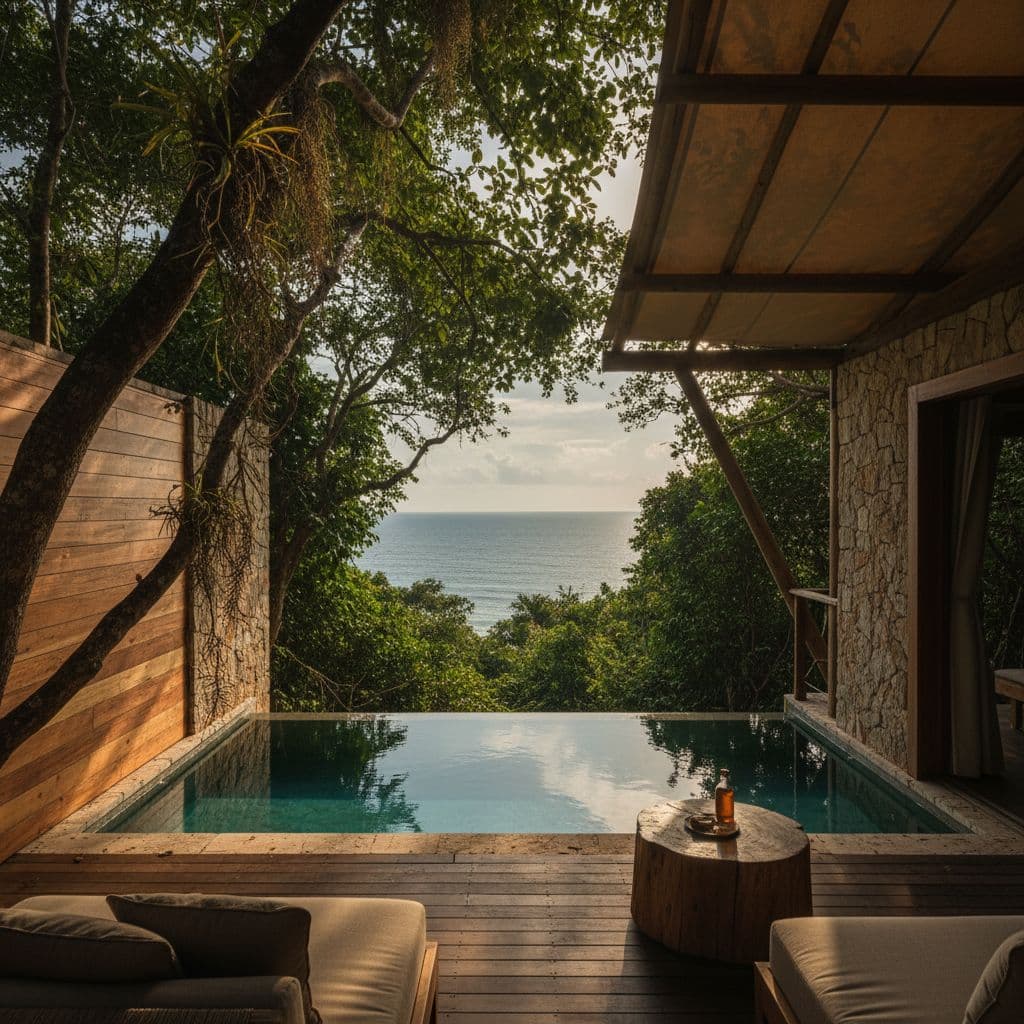 A modern tented suite with a private plunge pool overlooks the Pacific Ocean from a lush jungle.