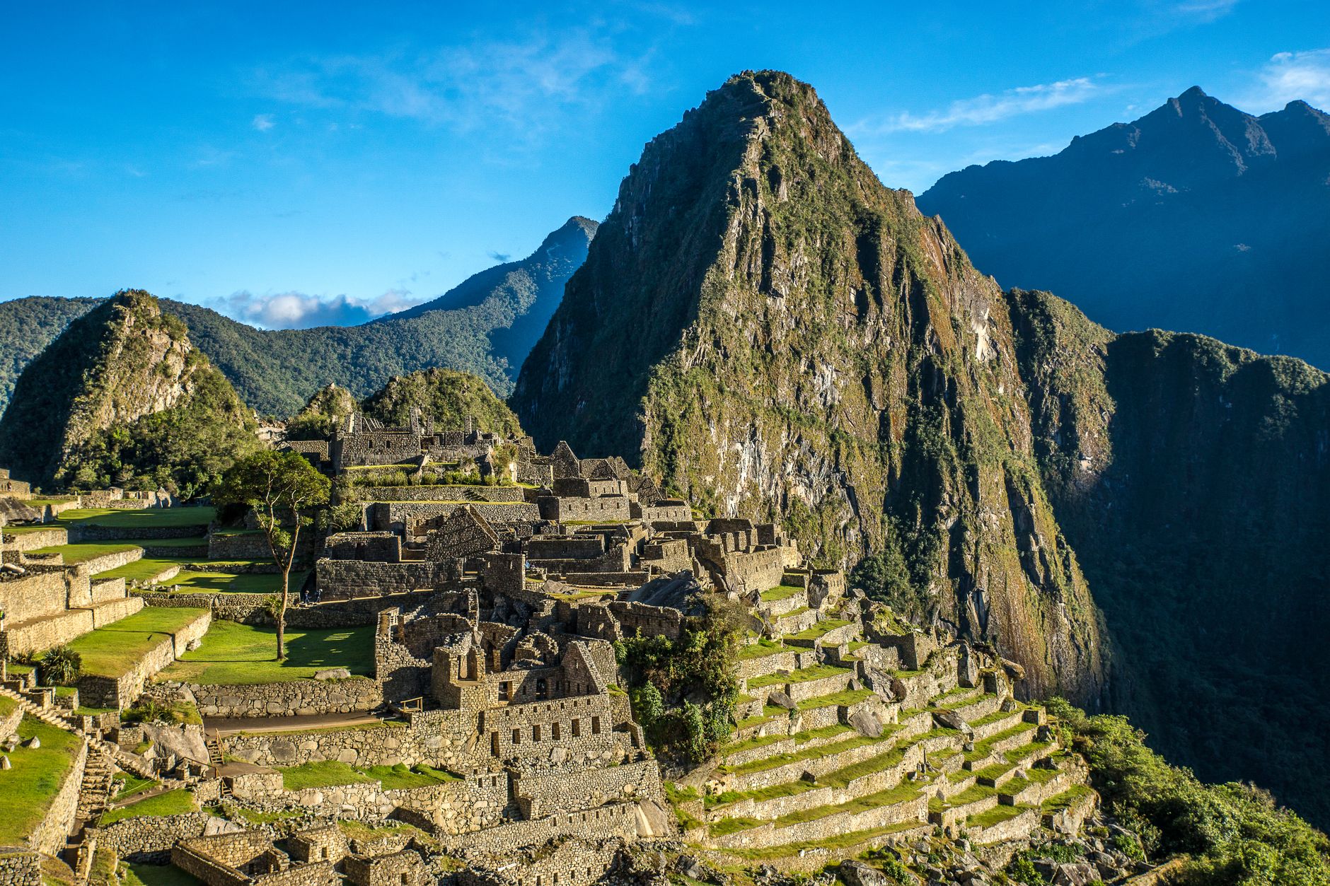 Machu Picchu rises above the green Andes mountains