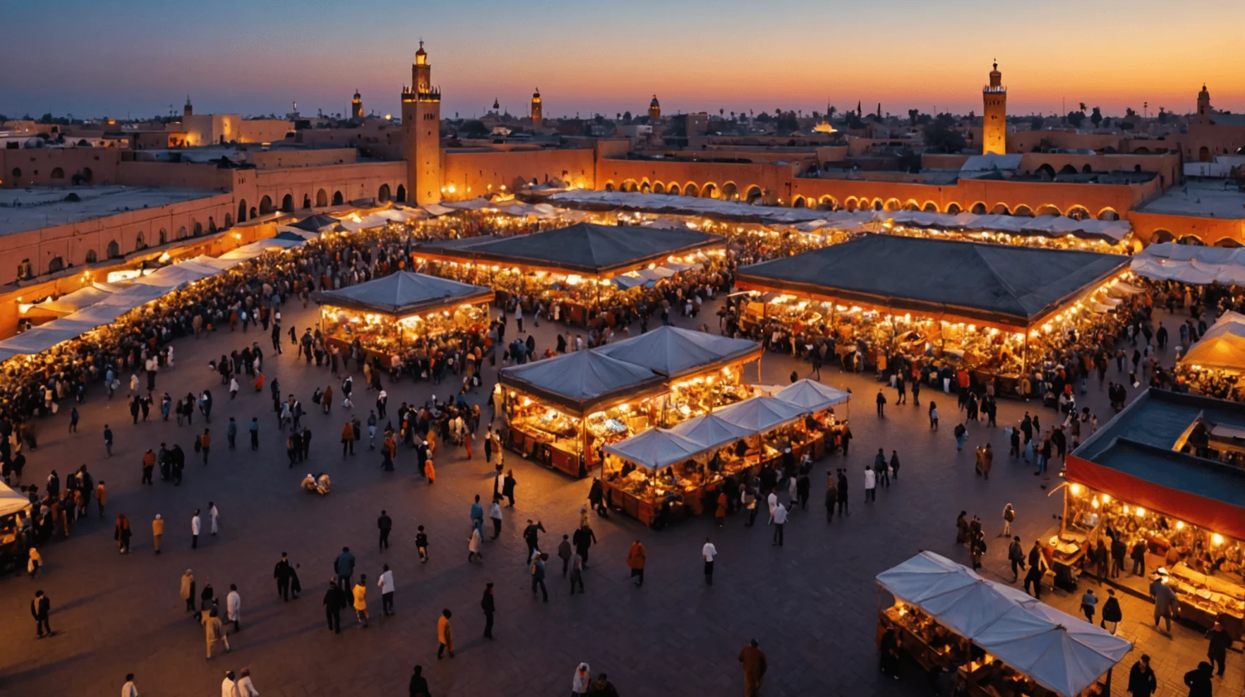 Jemaa el-Fnaa square in Marrakech at dusk, filled with lit food stalls and crowds beneath the Koutoubia minaret.