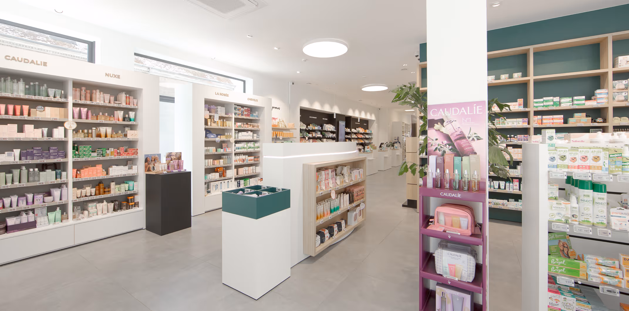Schappen met gezondheidsproducten en medicijnen en een toonbank in apotheek Demoulin in Aarlen