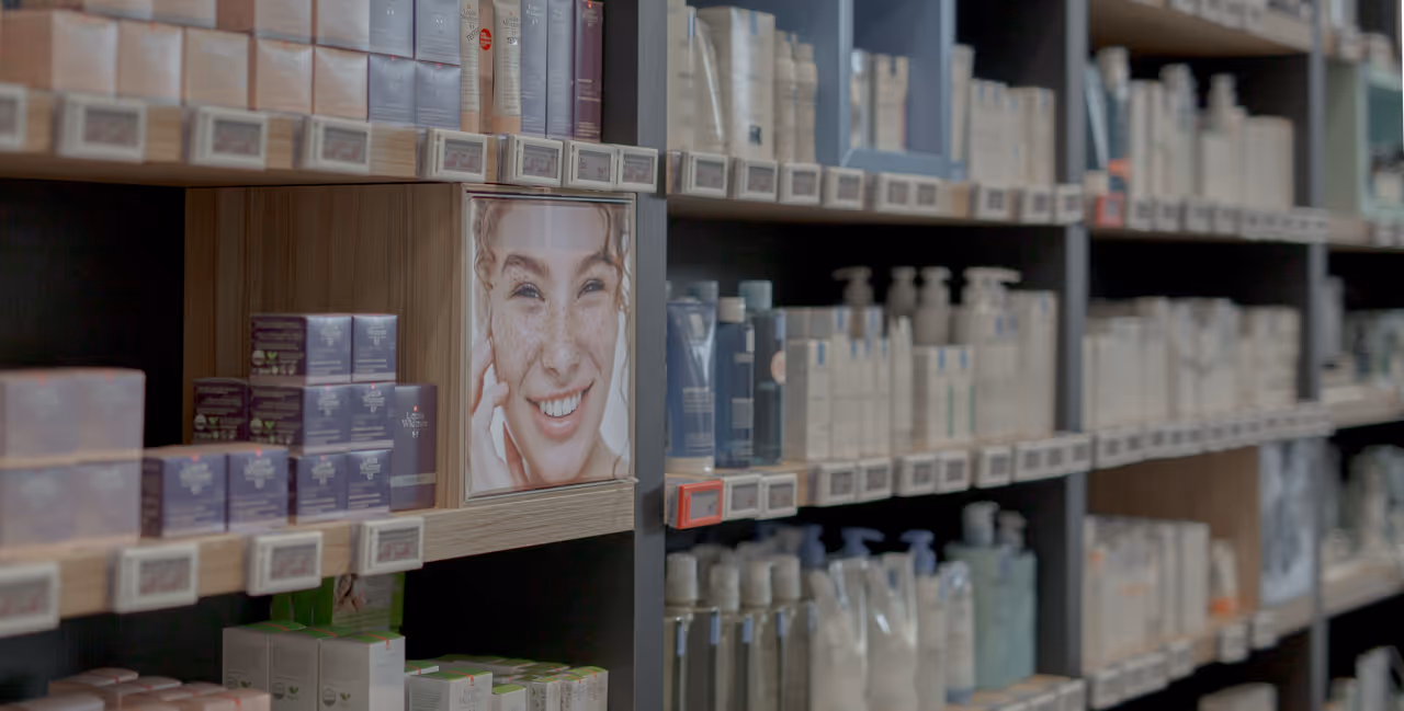 Schappen met medicijnen en gezondheidsproducten in apotheek Demeulenaere in Beringen