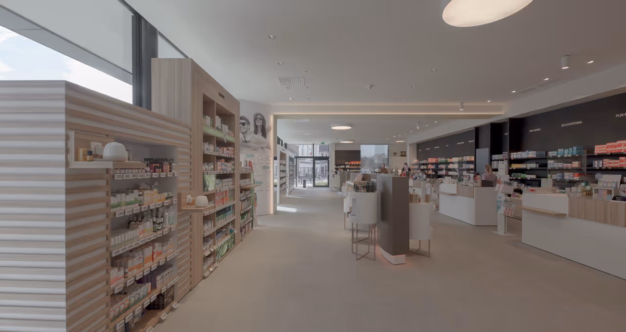 Verkoopruimte met toonbanken in apotheek Demeulenaere in Beringen