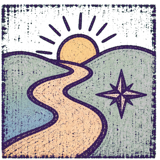 Vintage pastel sunrise landscape with distressed purple border representing creative exploration