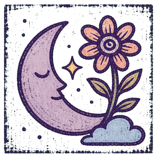 Vintage pastel crescent moon and flower with distressed purple border representing dream-inspired creations
