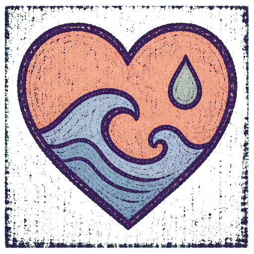Vintage pastel heart and ocean waves with distressed purple border representing emotion