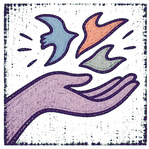 Vintage pastel hand releasing birds with distressed purple border representing expression