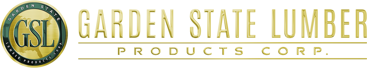 Logo featuring a circular emblem with the letters GSL over a map of New Jersey, next to bold gold text reading Garden State Lumber Products Corp.
