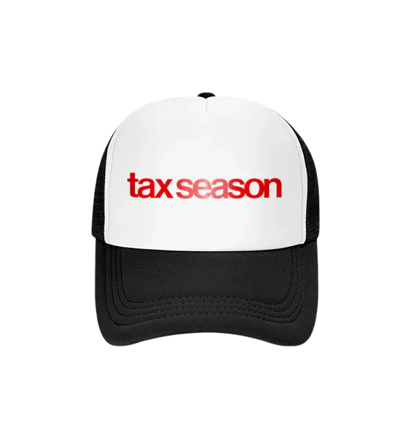 Black and white trucker hat with 'tax season' printed in red on the front.