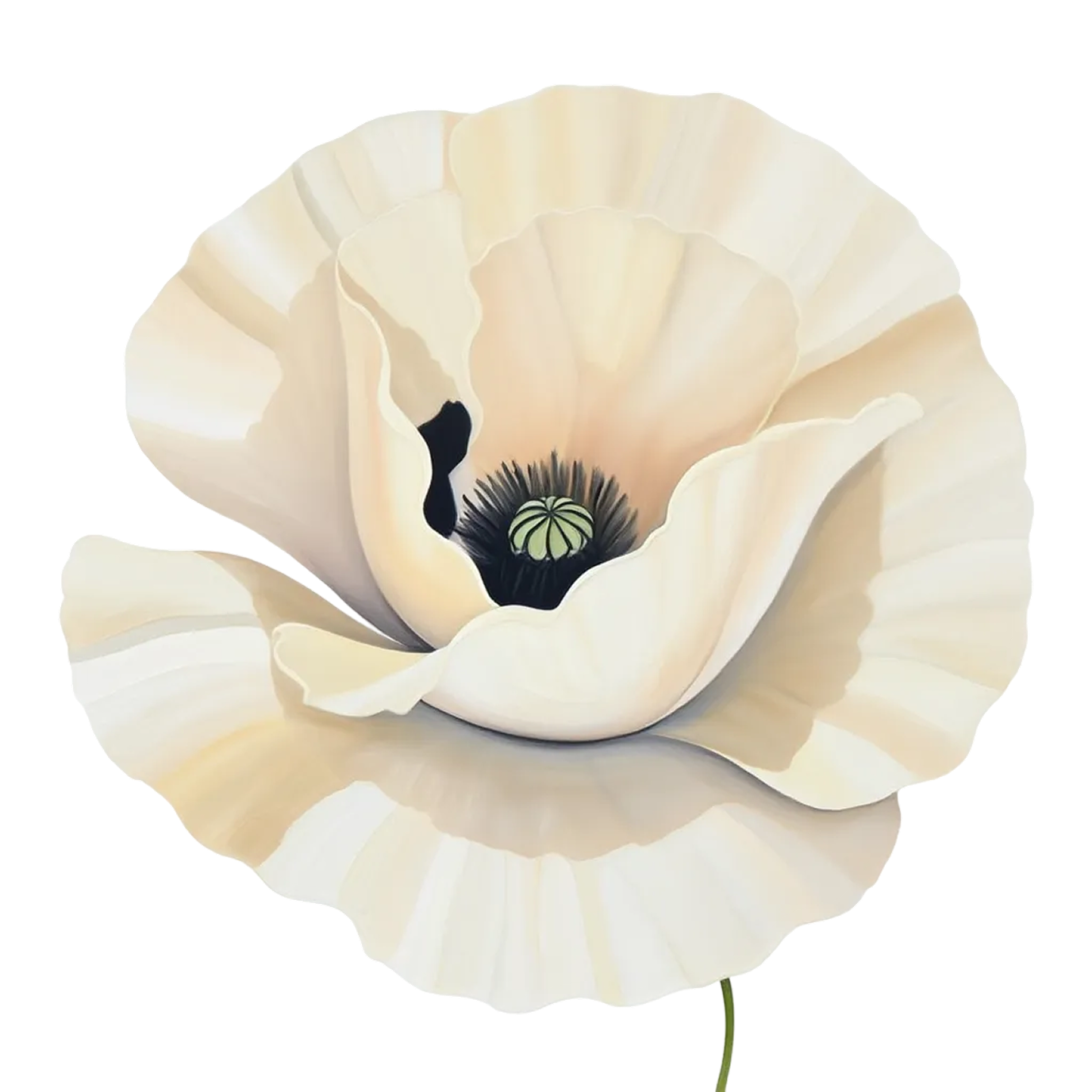 Close-up of a cream-colored poppy flower with layered petals and a green central seed pod.