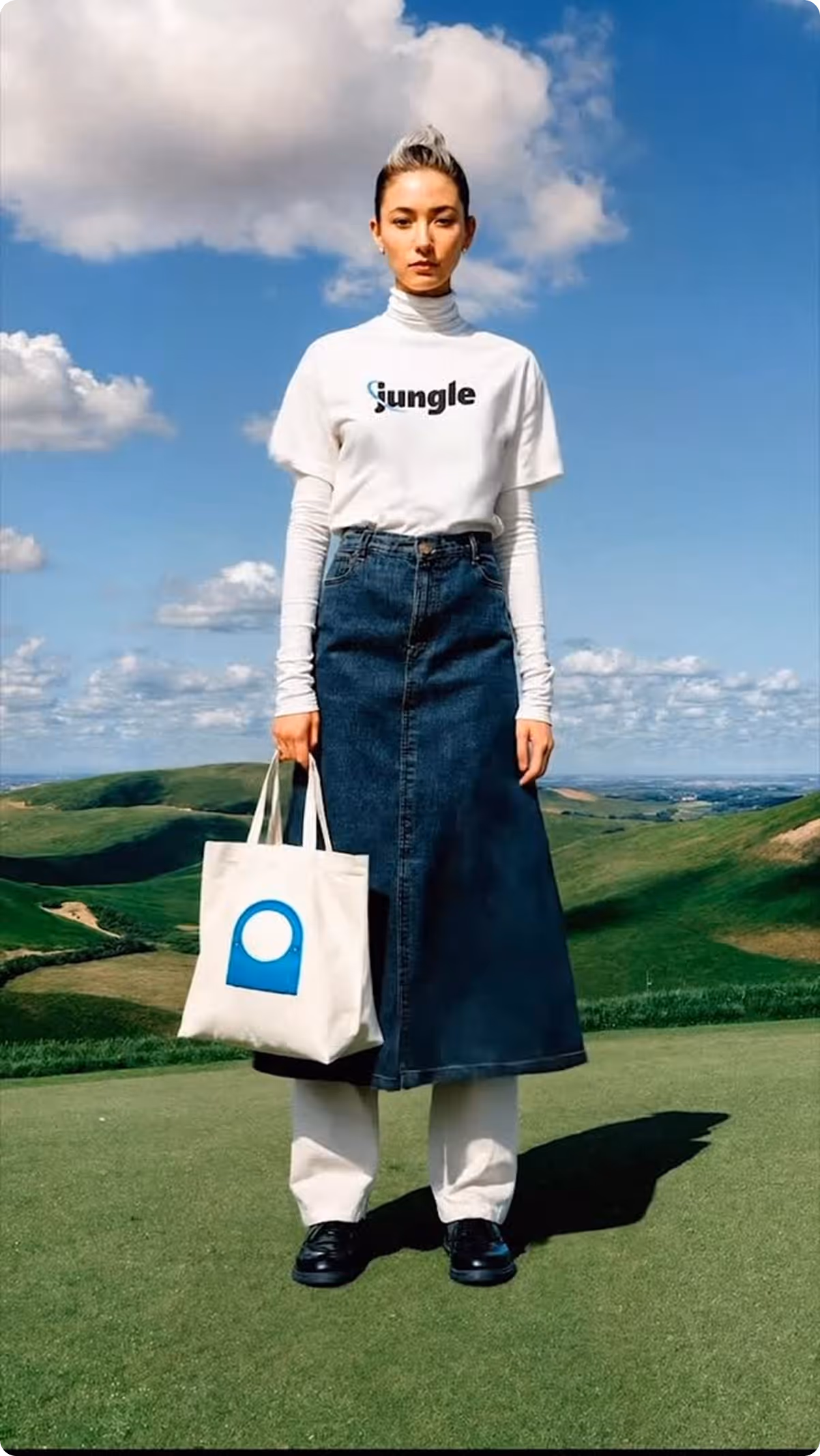 Woman standing outdoors on green grass with blue sky, wearing white turtleneck and t-shirt with 'Jungle' text, denim skirt, white pants, black shoes, and holding a white tote bag with blue design.