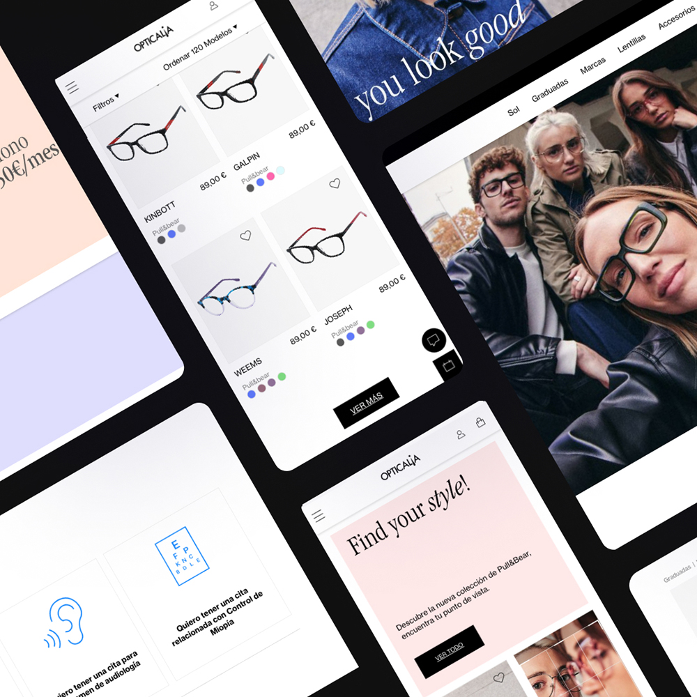 Pantallas de sitio web de óptica mostrando gafas de diferentes estilos, grupo de jóvenes con gafas y opciones para citas de audiología y control de miopía.