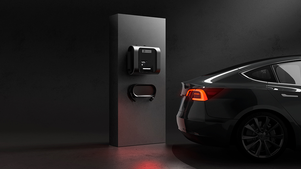 Coche eléctrico negro conectado a una estación de carga moderna con pantalla digital en un entorno oscuro.