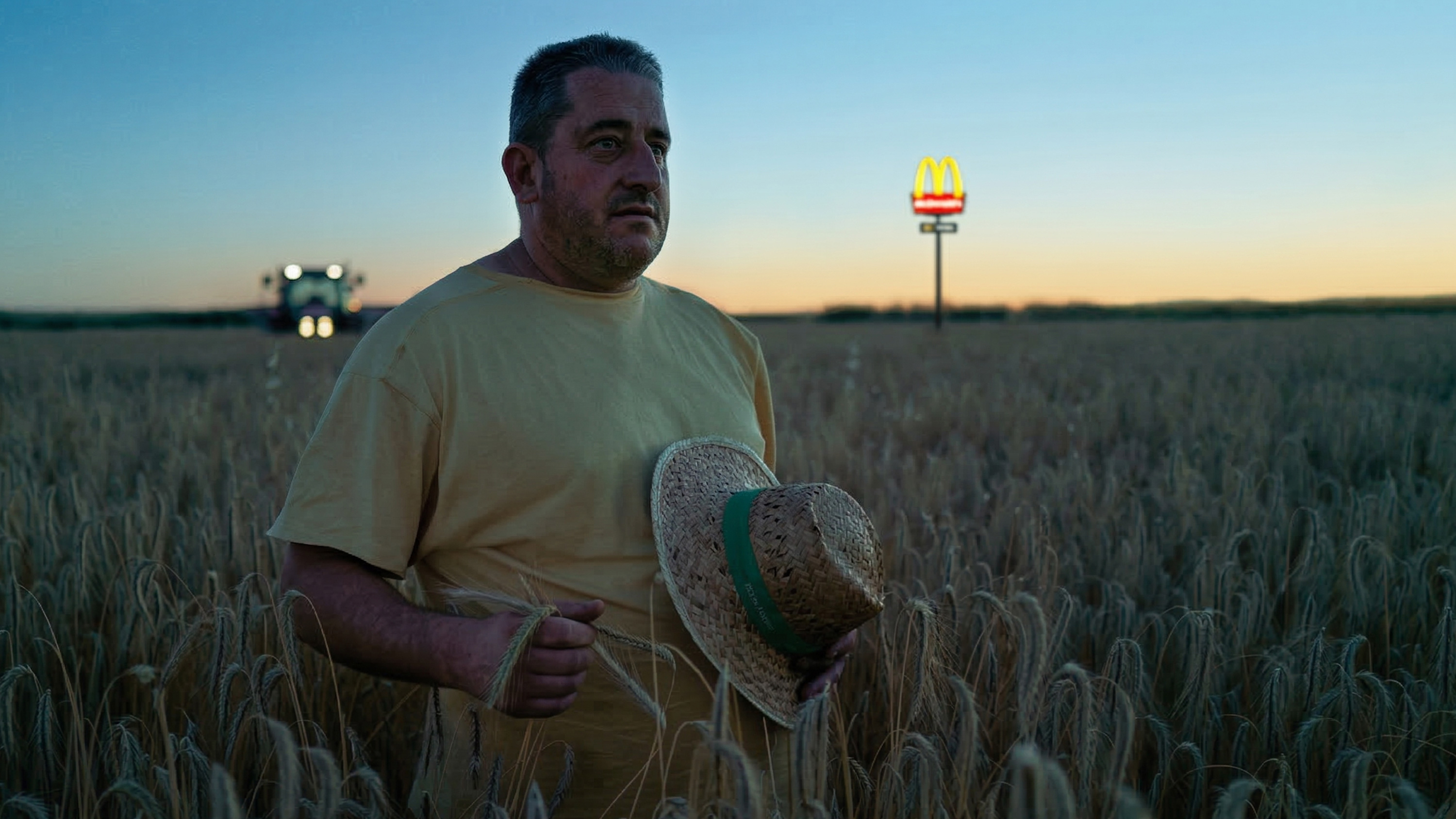 Hombre en camiseta amarilla sosteniendo un sombrero de paja en un campo de trigo al atardecer con un señal de McDonald's iluminada al fondo.