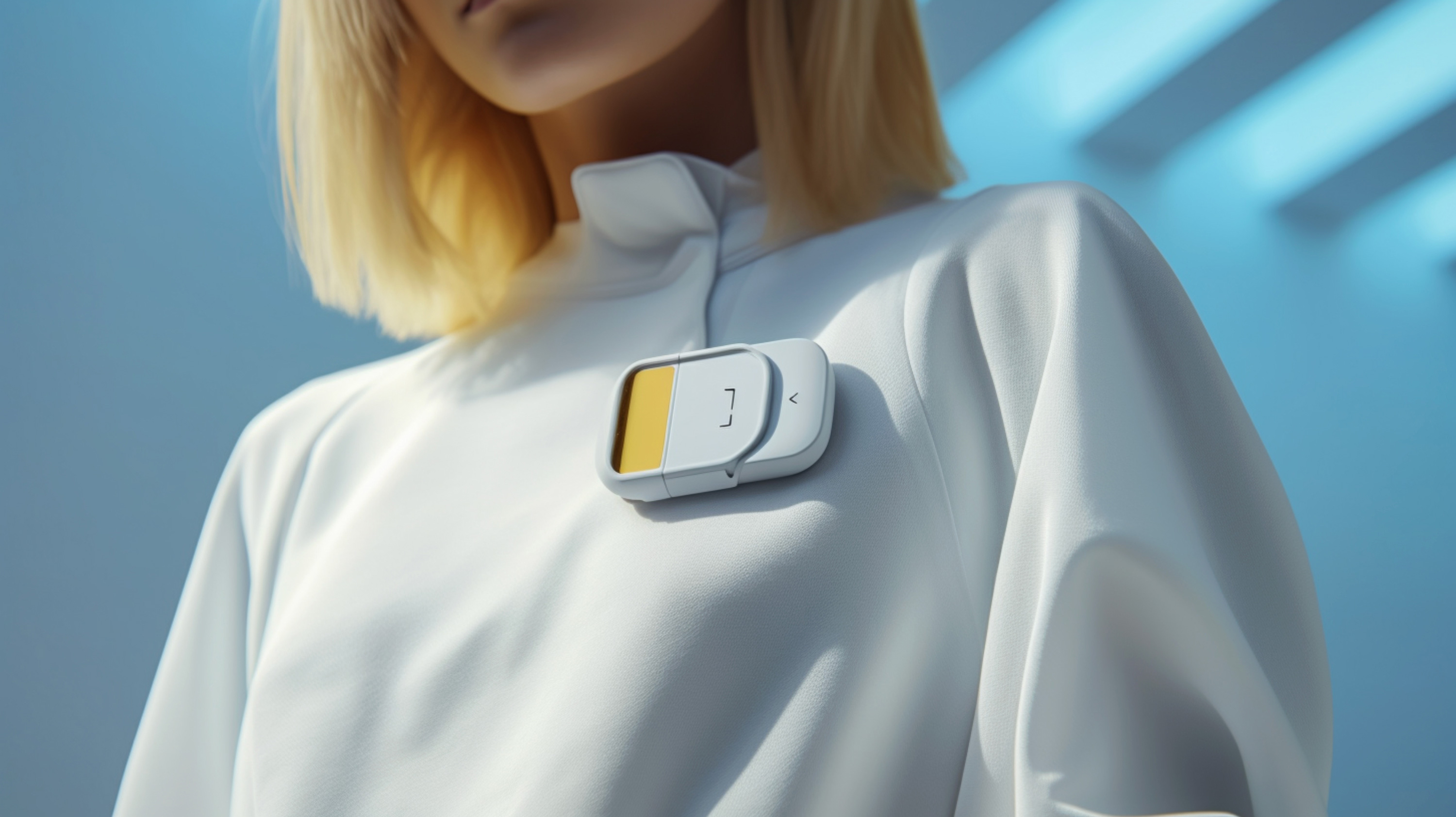 Persona rubia con blusa blanca sosteniendo dispositivo electrónico blanco con pantalla amarilla y símbolos.