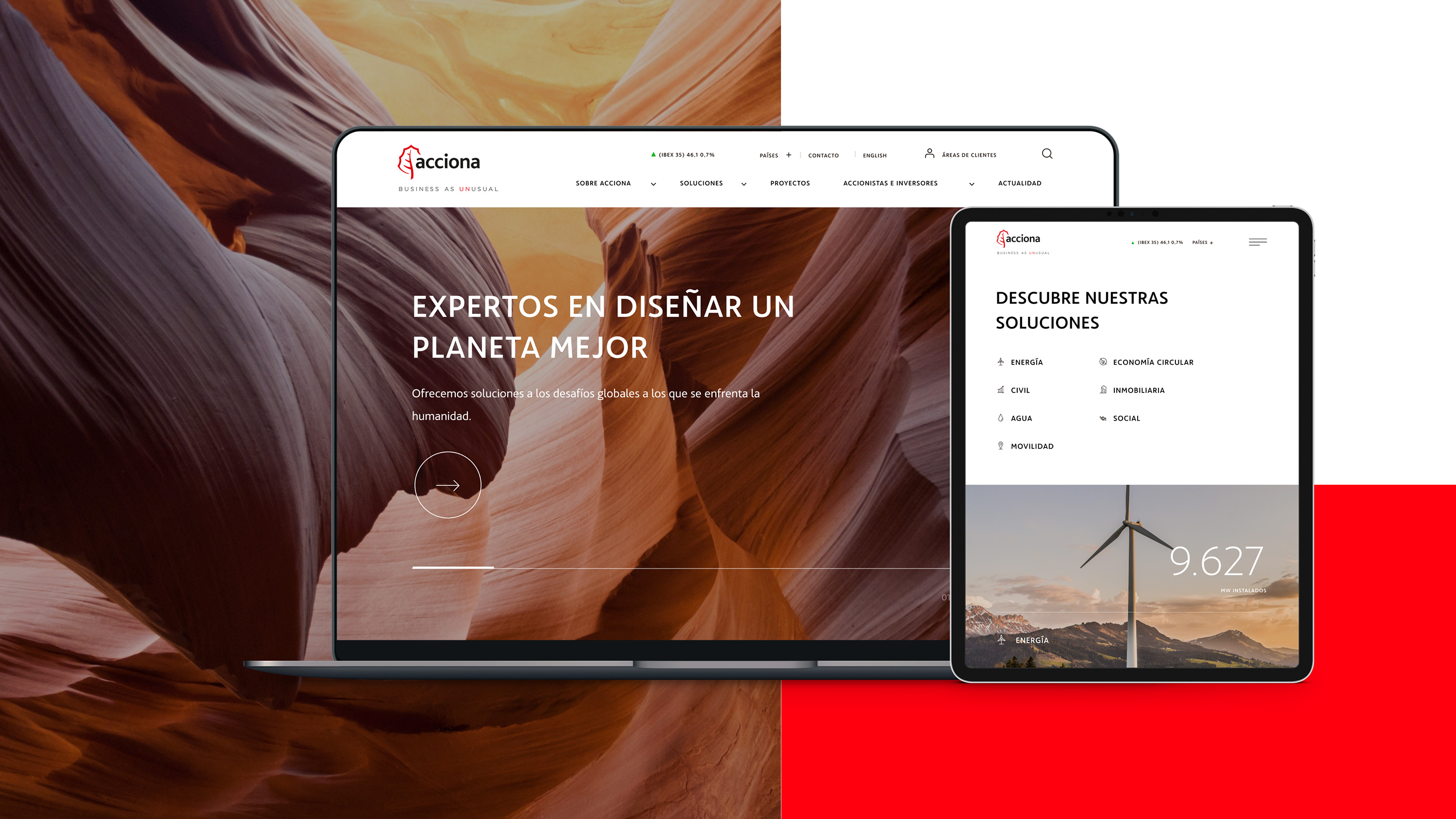 Pantallas de laptop y tablet mostrando la página web de Acciona con texto sobre soluciones para un planeta mejor y energía eólica.