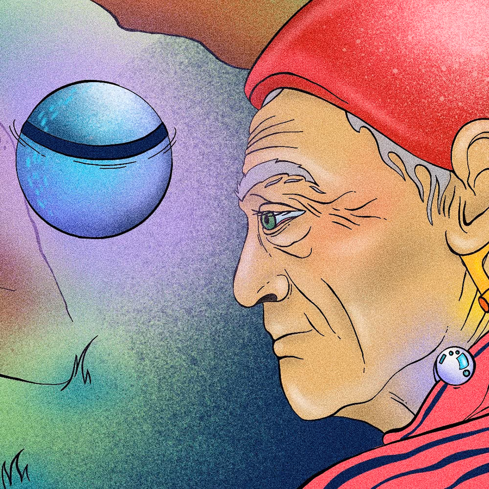 Ilustración de un anciano con gorro rojo y pendiente mirando fijamente una esfera azul flotante.
