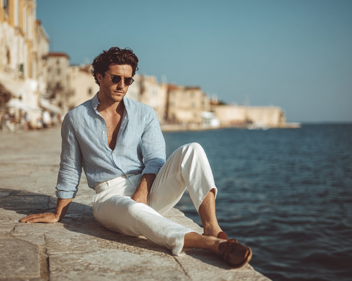 Man wearing a blue striped linen shirt, white linen trousers, and brown leather sandals while sitting by the Mediterranean waterfront.