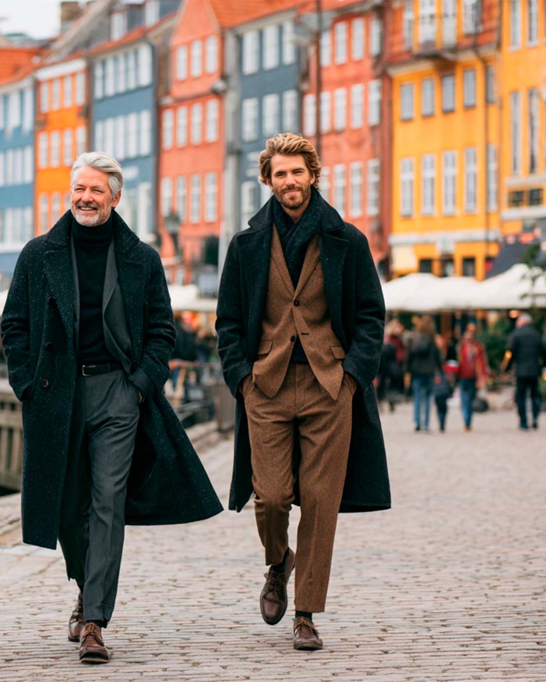 Two well-dressed men walking through Copenhagen wearing tailored coats, knitwear, and relaxed Scandinavian-inspired outfits.
