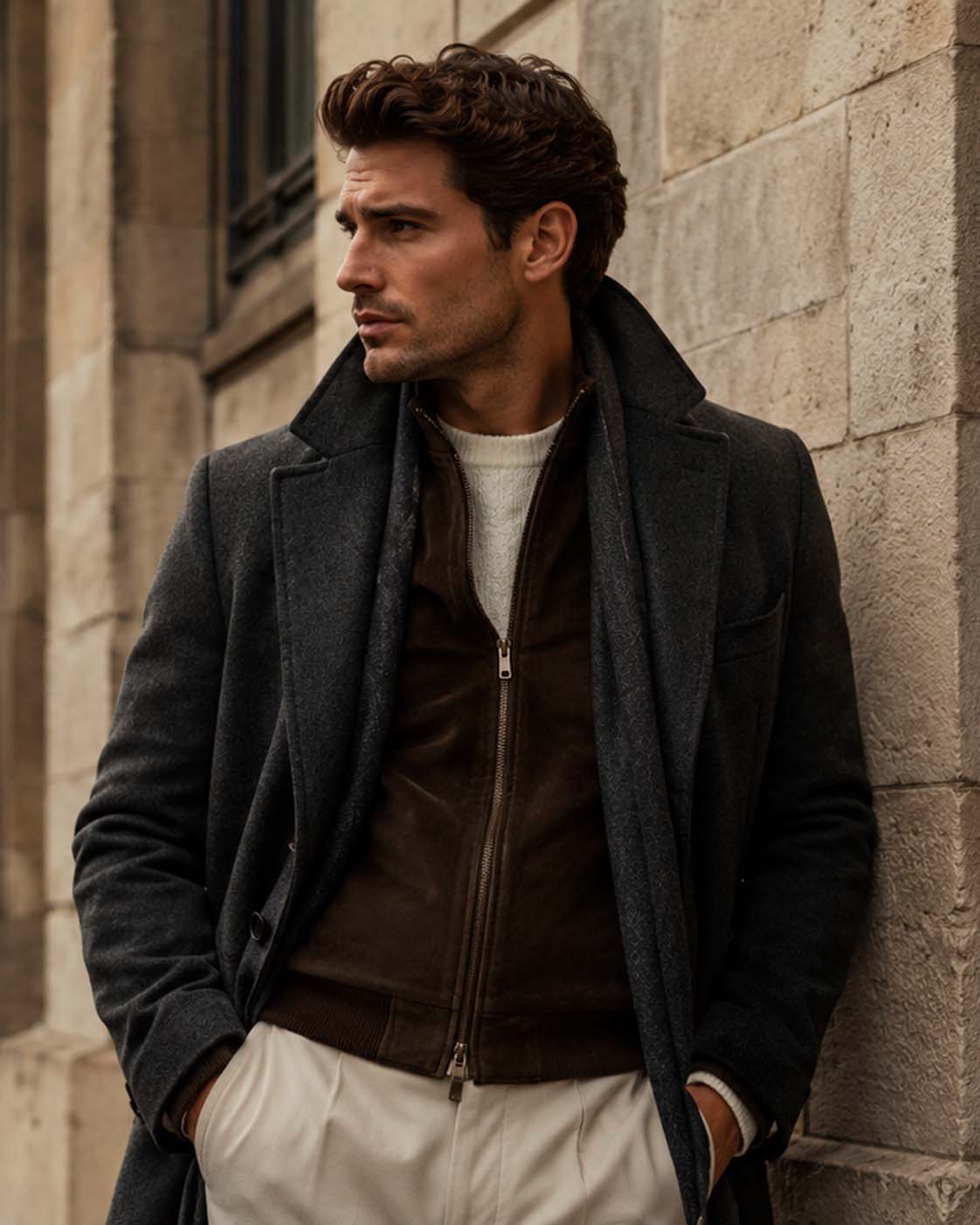 Well-dressed man wearing layered wool outerwear and a suede bomber jacket in a refined European city setting.