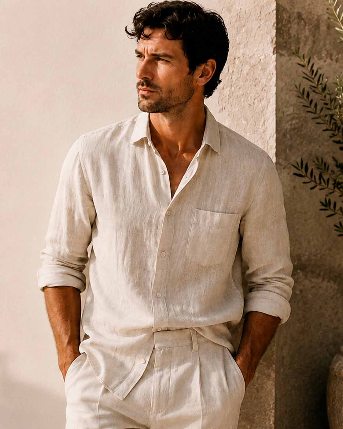 Man wearing a relaxed white linen shirt and linen trousers in a lightweight summer outfit inspired by Mediterranean style.