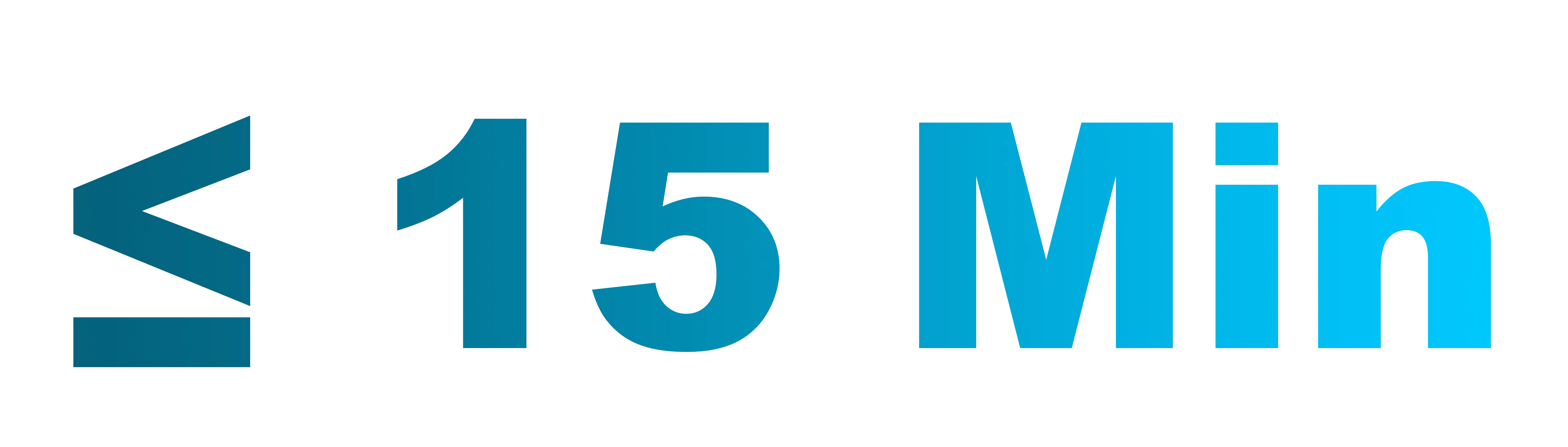 "≤ 15 Min" gross und fett in blauen Verlaufsfarben.