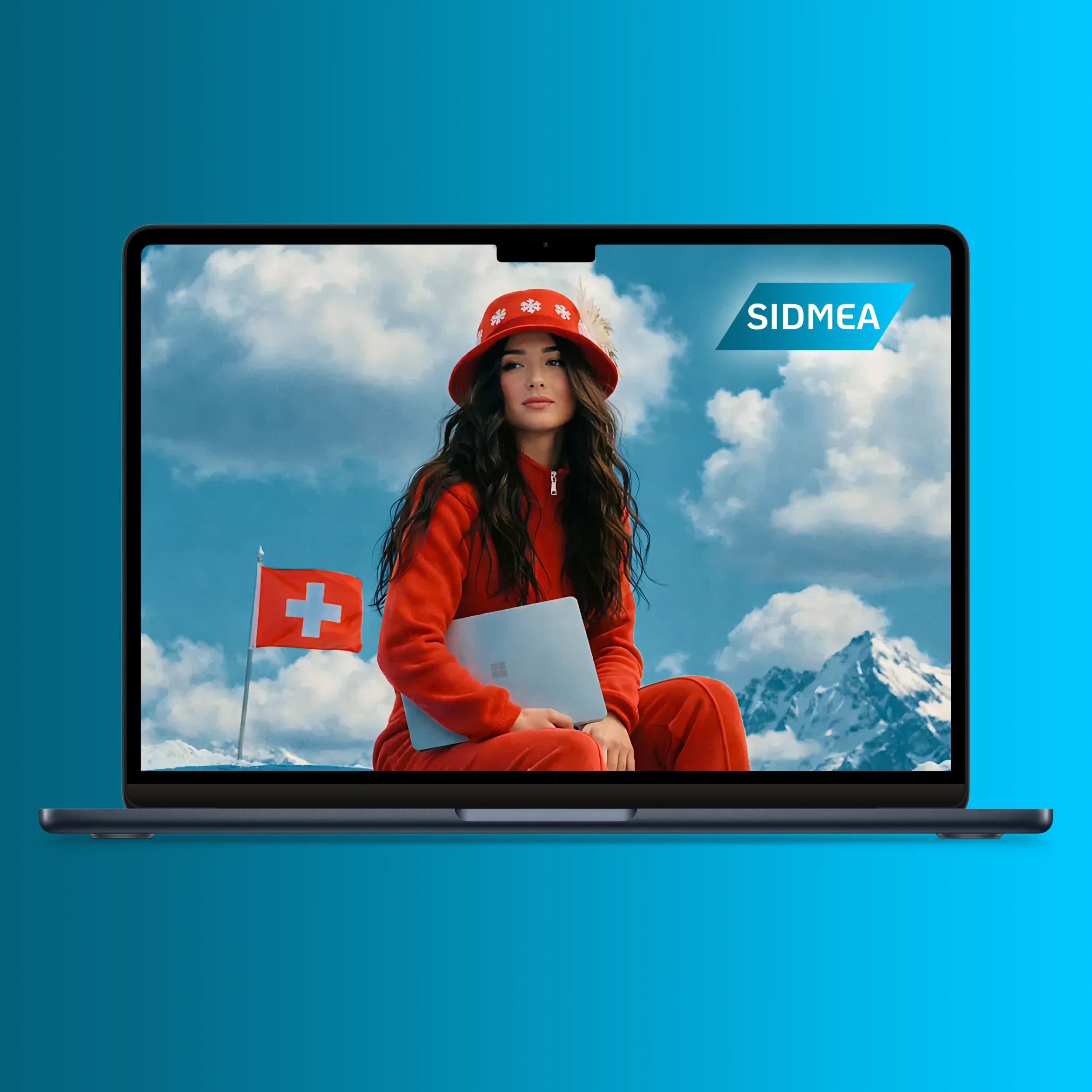 Schwebender Laptop mit SIDMEA-Logo, darauf eine Frau im roten Trainingsanzug mit Laptop vor Schweizer Alpen und Schweizer Flagge.
