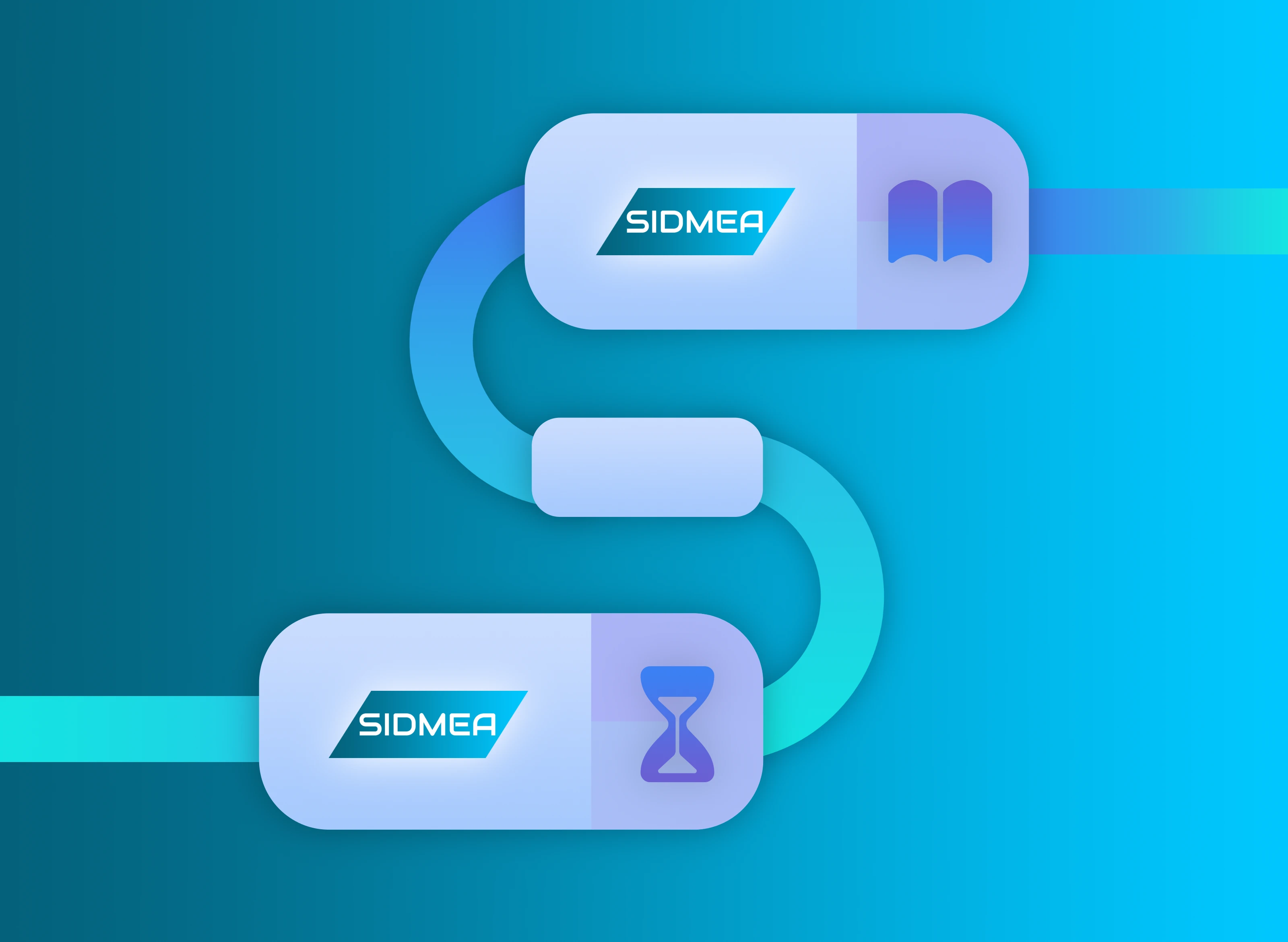 Illustration eines S-förmigen Prozessflusses mit zwei SIDMEA-Kacheln, Buch- und Sanduhr-Symbol auf blauem Verlaufshintergrund.