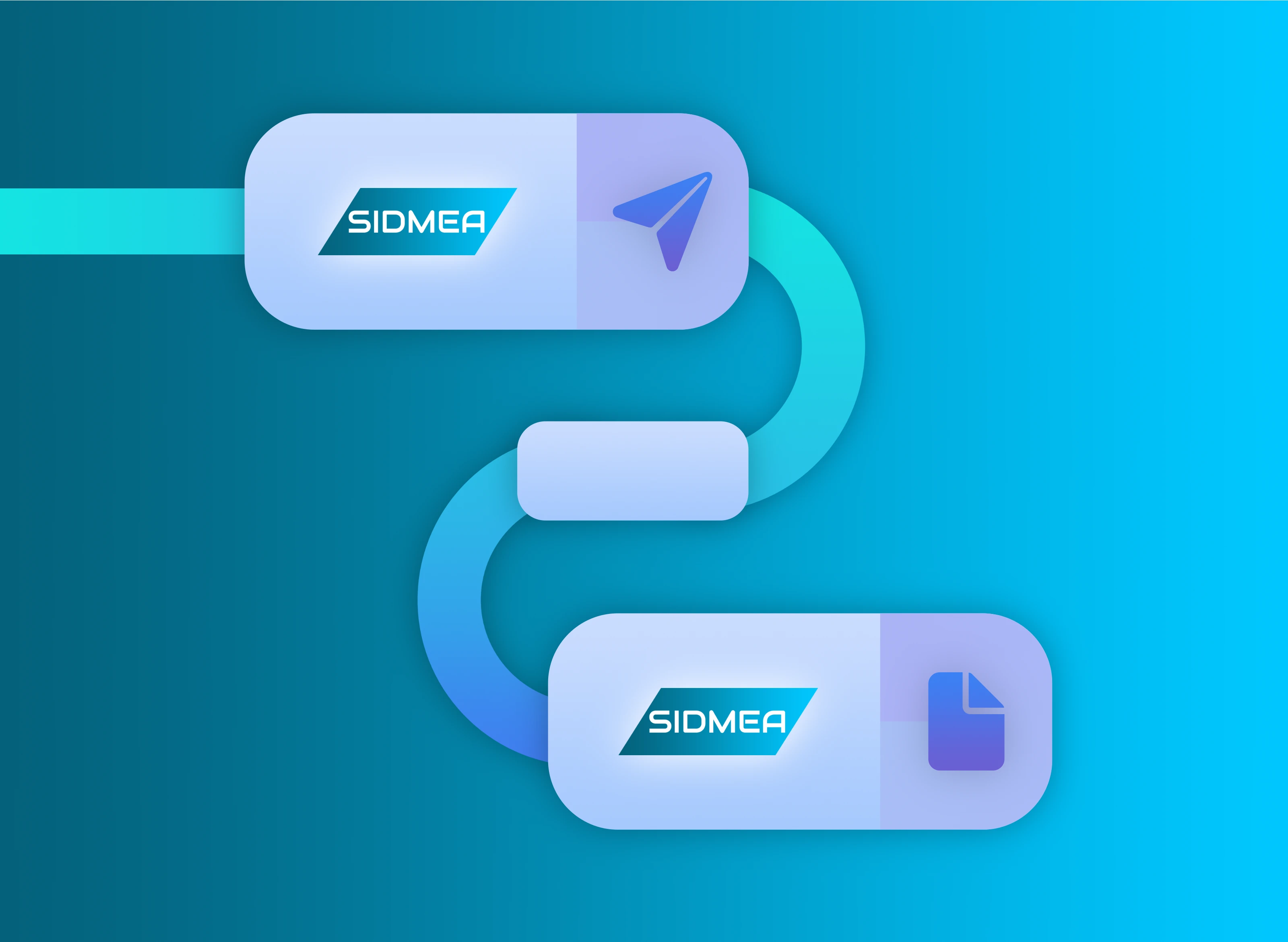Illustration eines S-förmigen Prozessflusses mit zwei SIDMEA-Kacheln, Papierflieger- und Dokument-Symbol auf blauem Verlaufshintergrund.