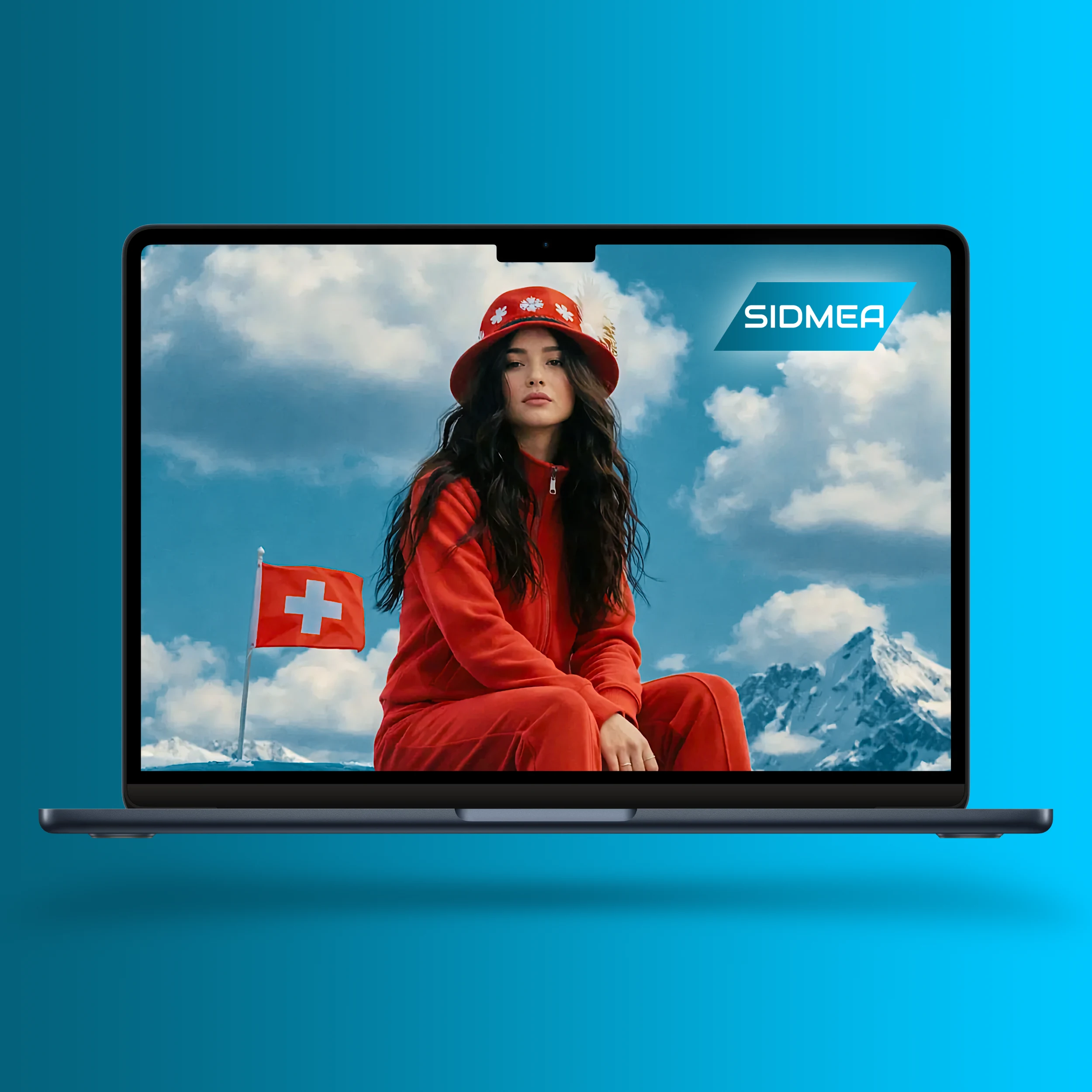 Schwebender Laptop mit SIDMEA-Logo, darauf eine Frau im roten Trainingsanzug vor Schweizer Alpen und Schweizer Flagge.