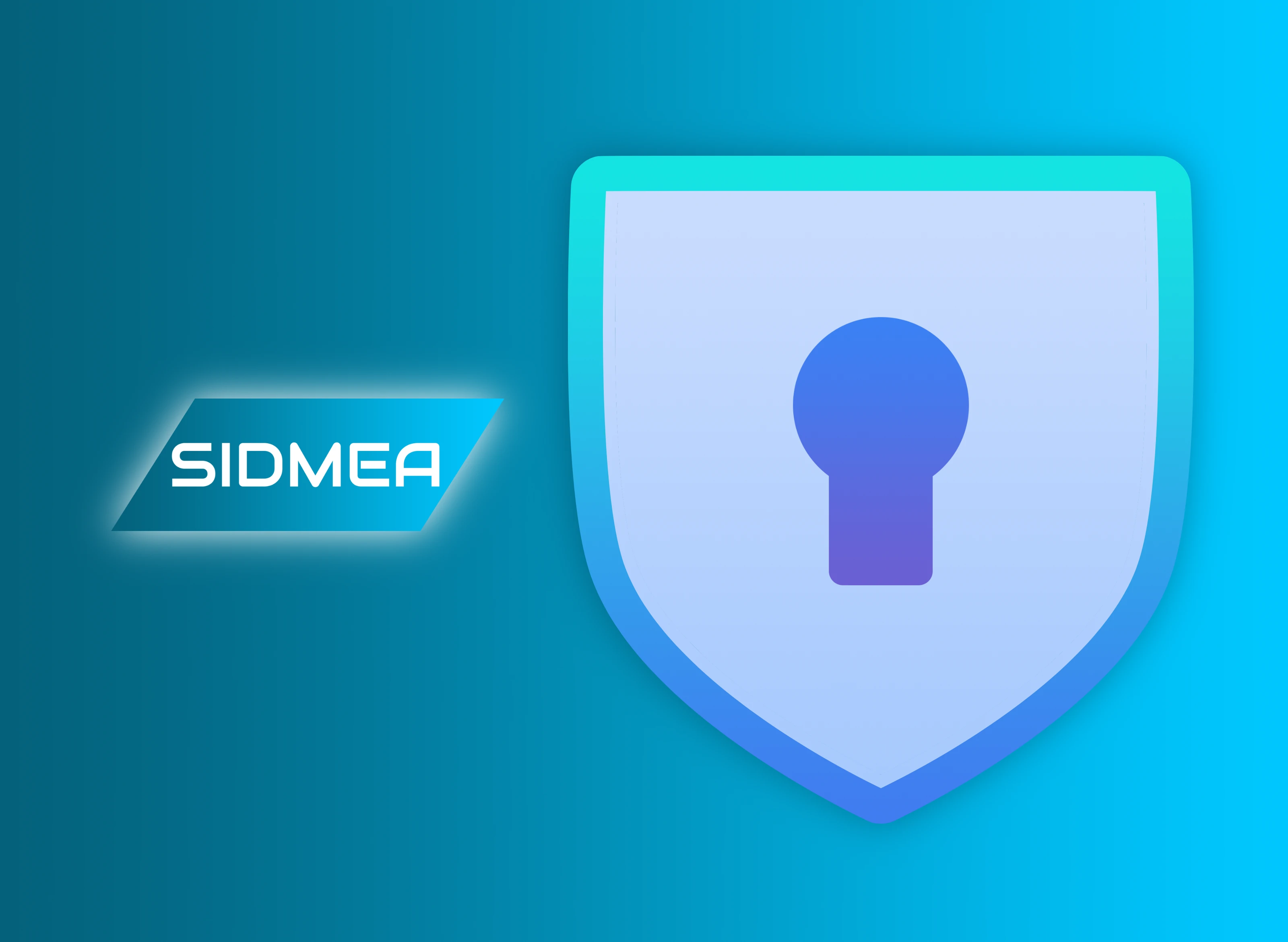 SIDMEA-Logo neben einem grossen Symbol in Schildform mit Schlüsselloch auf blauem Verlaufshintergrund.