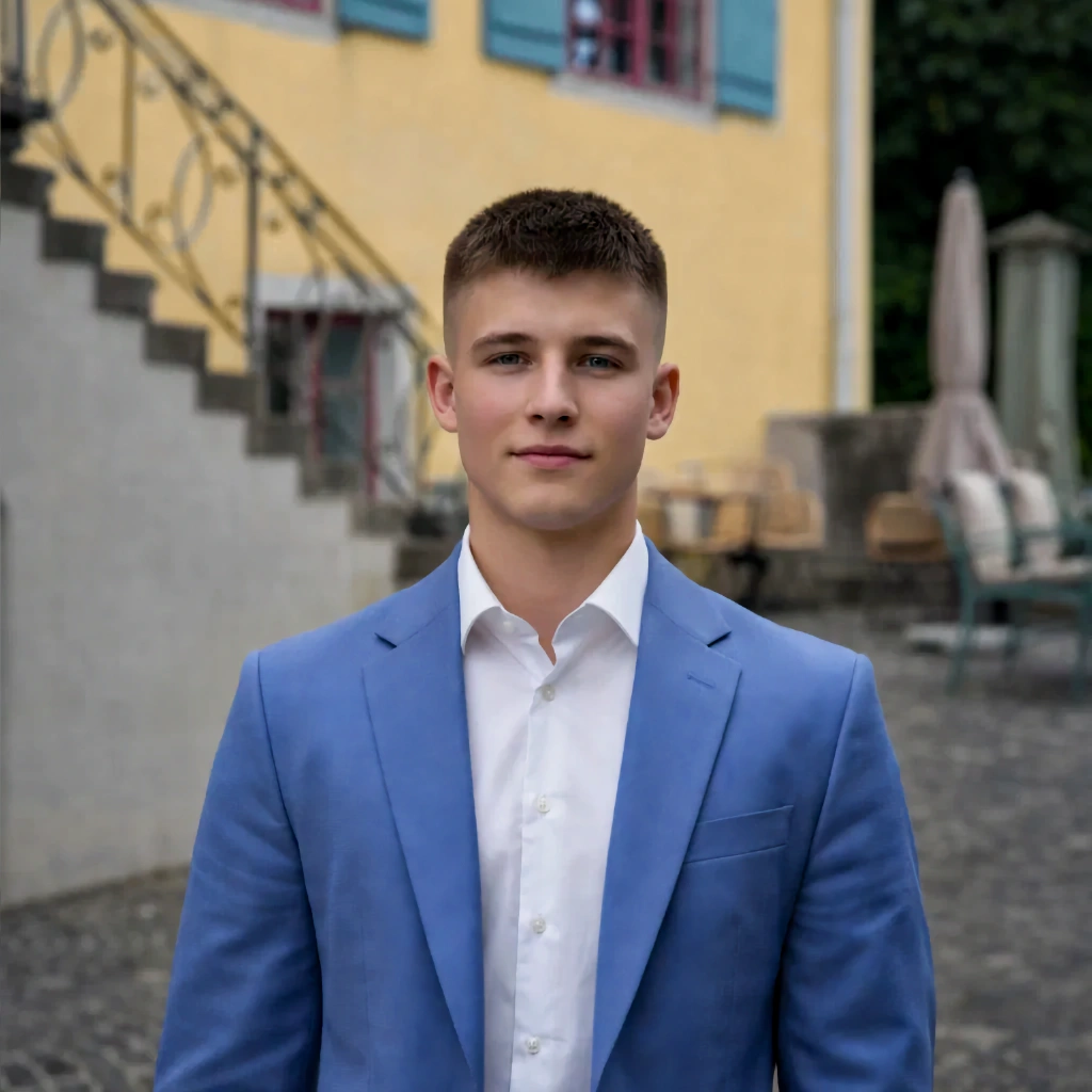 Basil von SIDMEA mit weissem Hemd und hellblauem Anzug.