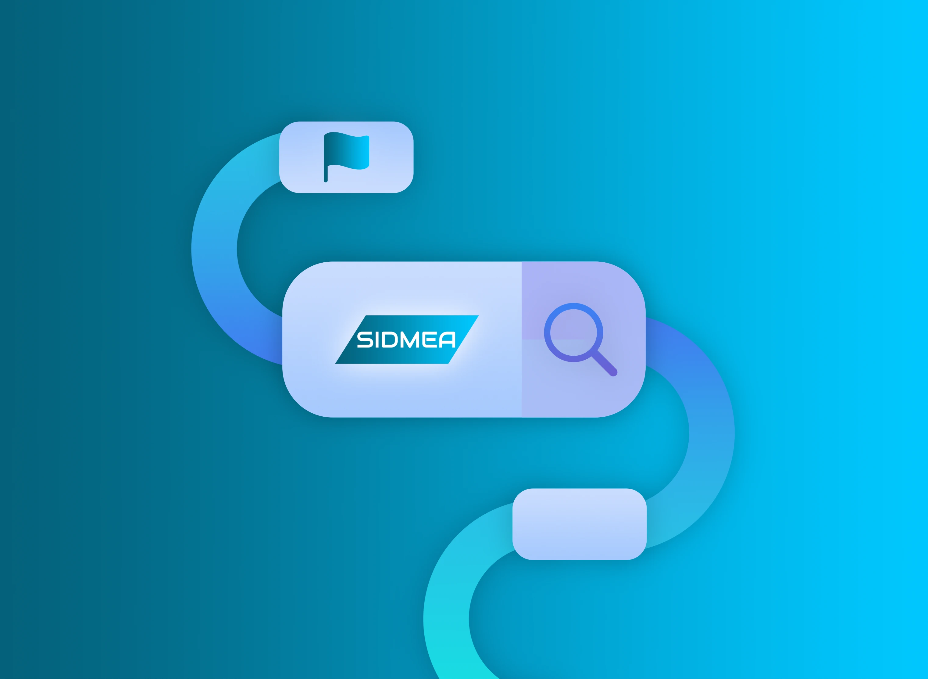 Illustration eines S-förmigen Prozessflusses mit SIDMEA-Kachel, Lupen-Symbol und Flaggen-Icon auf blauem Verlaufshintergrund.